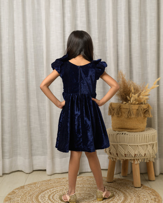 Blue Velvet Party Dress With Diamond