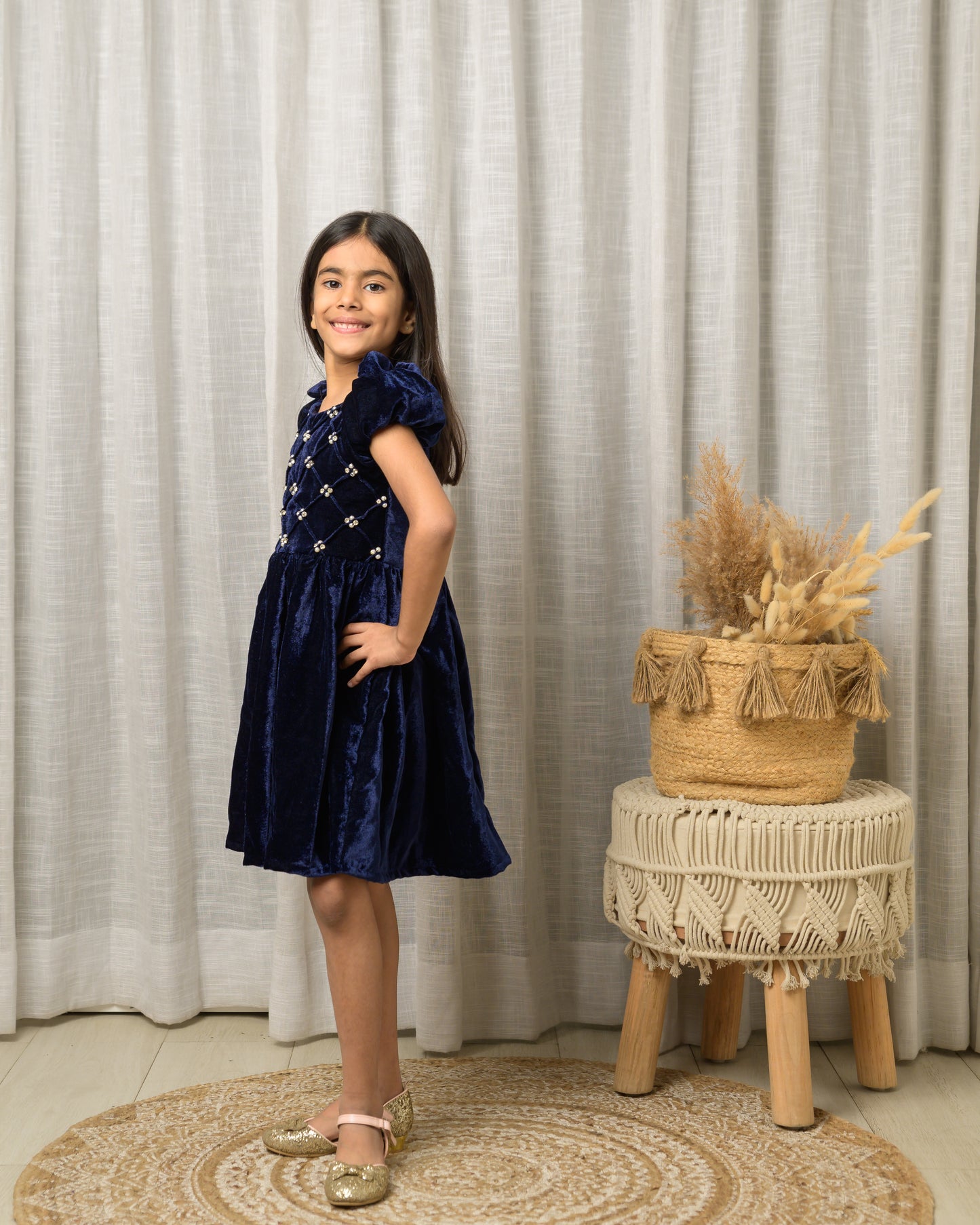 Blue Velvet Party Dress With Diamond