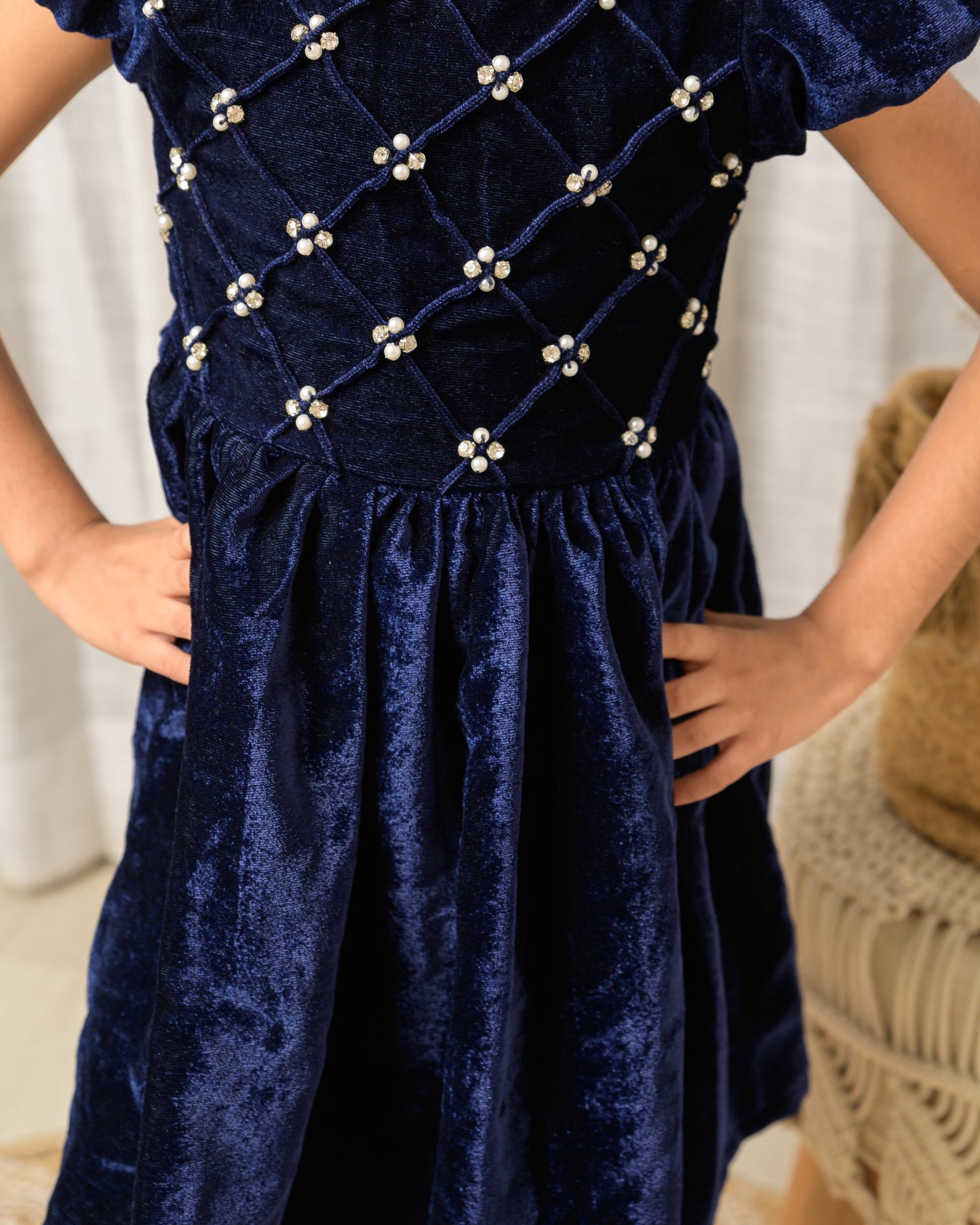Blue Velvet Party Dress With Diamond