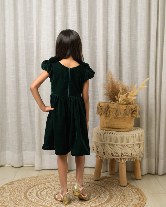 Green Velvet Party Dress With Diamond