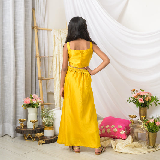 Yellow Embroidered Designer Top with Drape Skirt Set