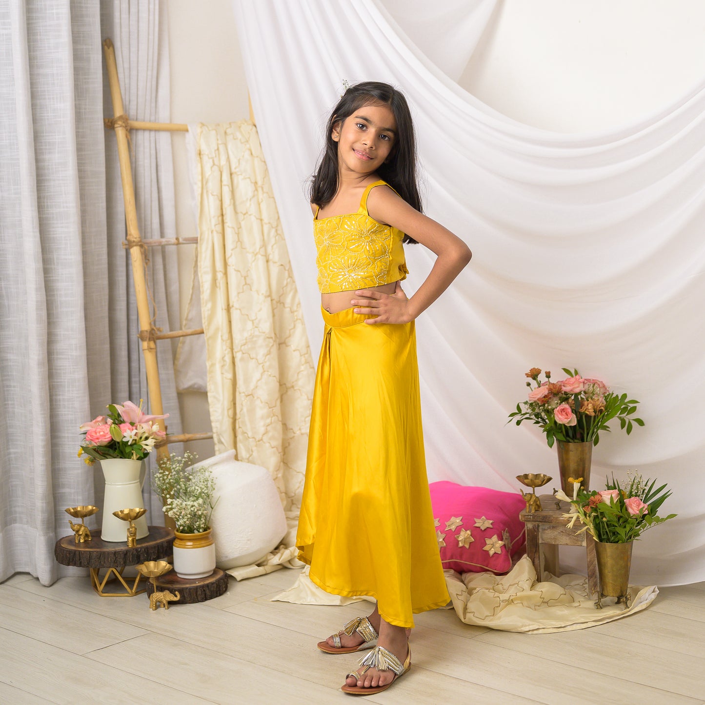 Yellow Embroidered Designer Top with Drape Skirt Set