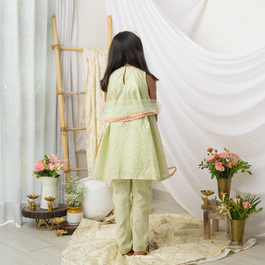 Girls Green Cotton Chanderi Kurta Set with Dupatta