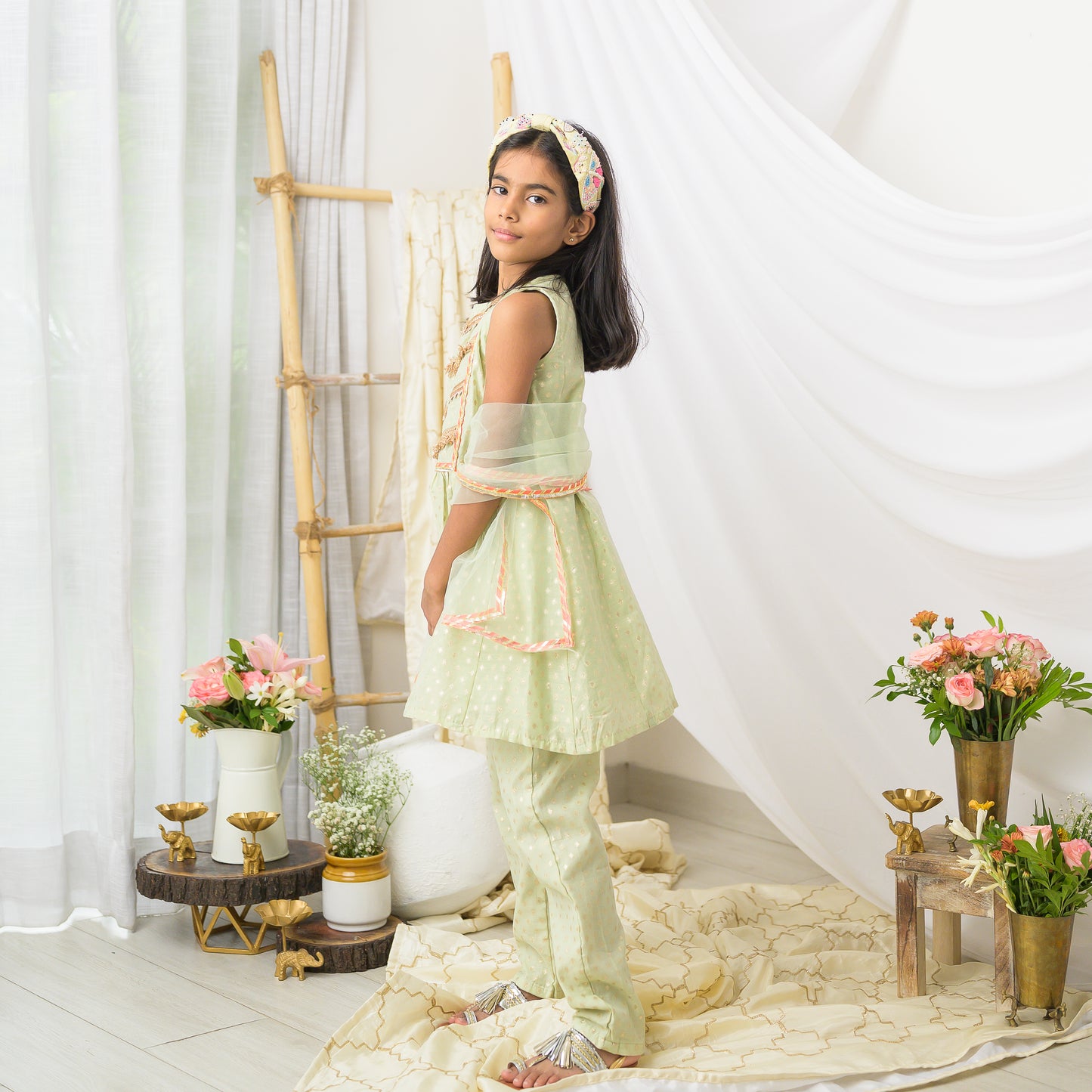 Girls Green Cotton Chanderi Kurta Set with Dupatta