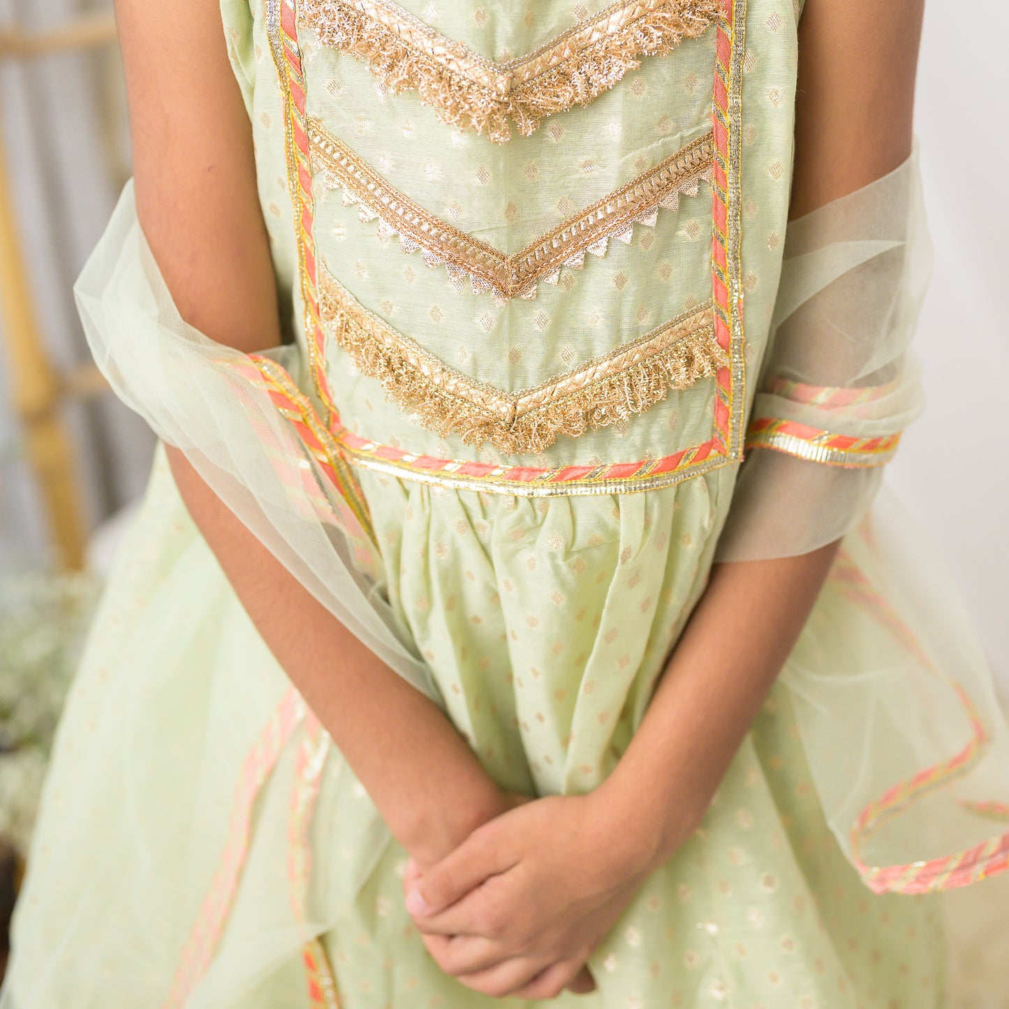 Girls Green Cotton Chanderi Kurta Set with Dupatta