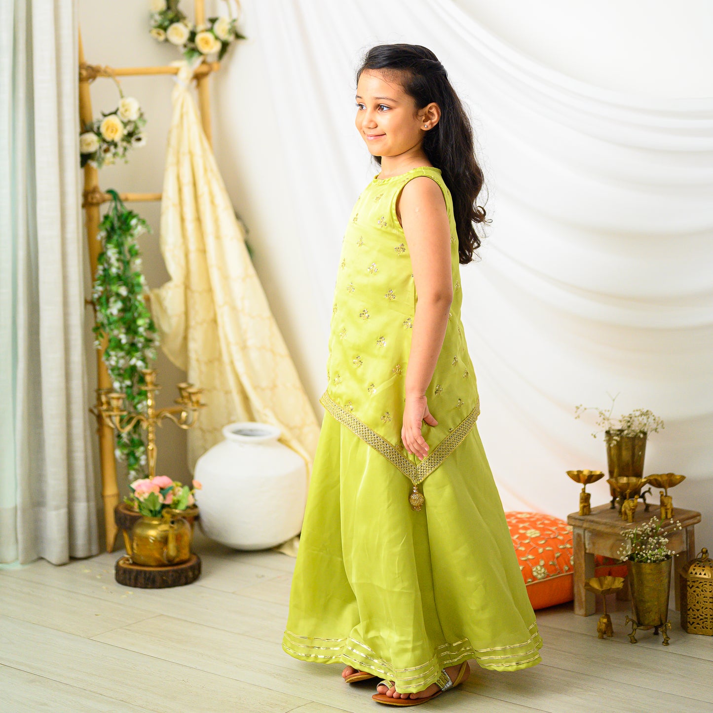 Green Sharara Set with Golden Buti Top