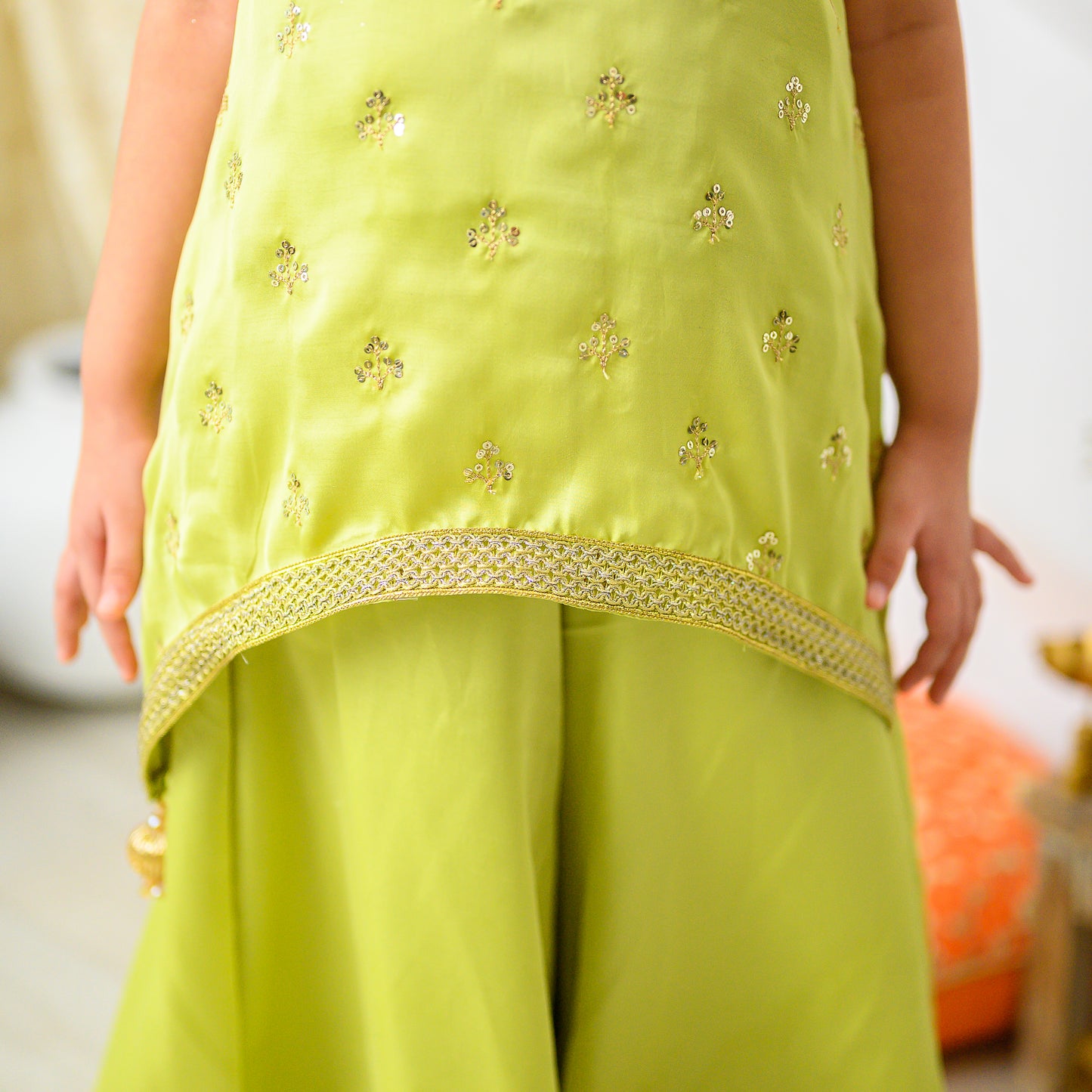 Green Sharara Set with Golden Buti Top
