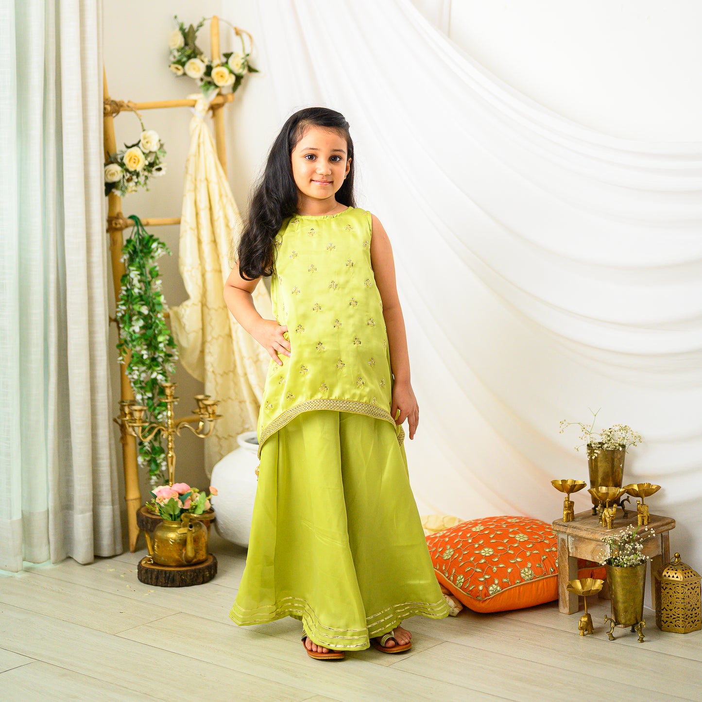 Green Sharara Set with Golden Buti Top