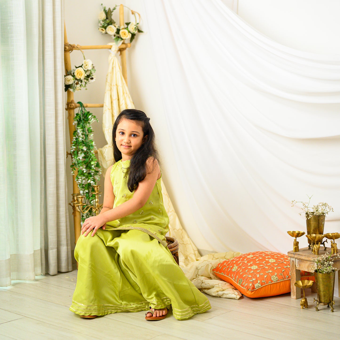 Green Sharara Set with Golden Buti Top