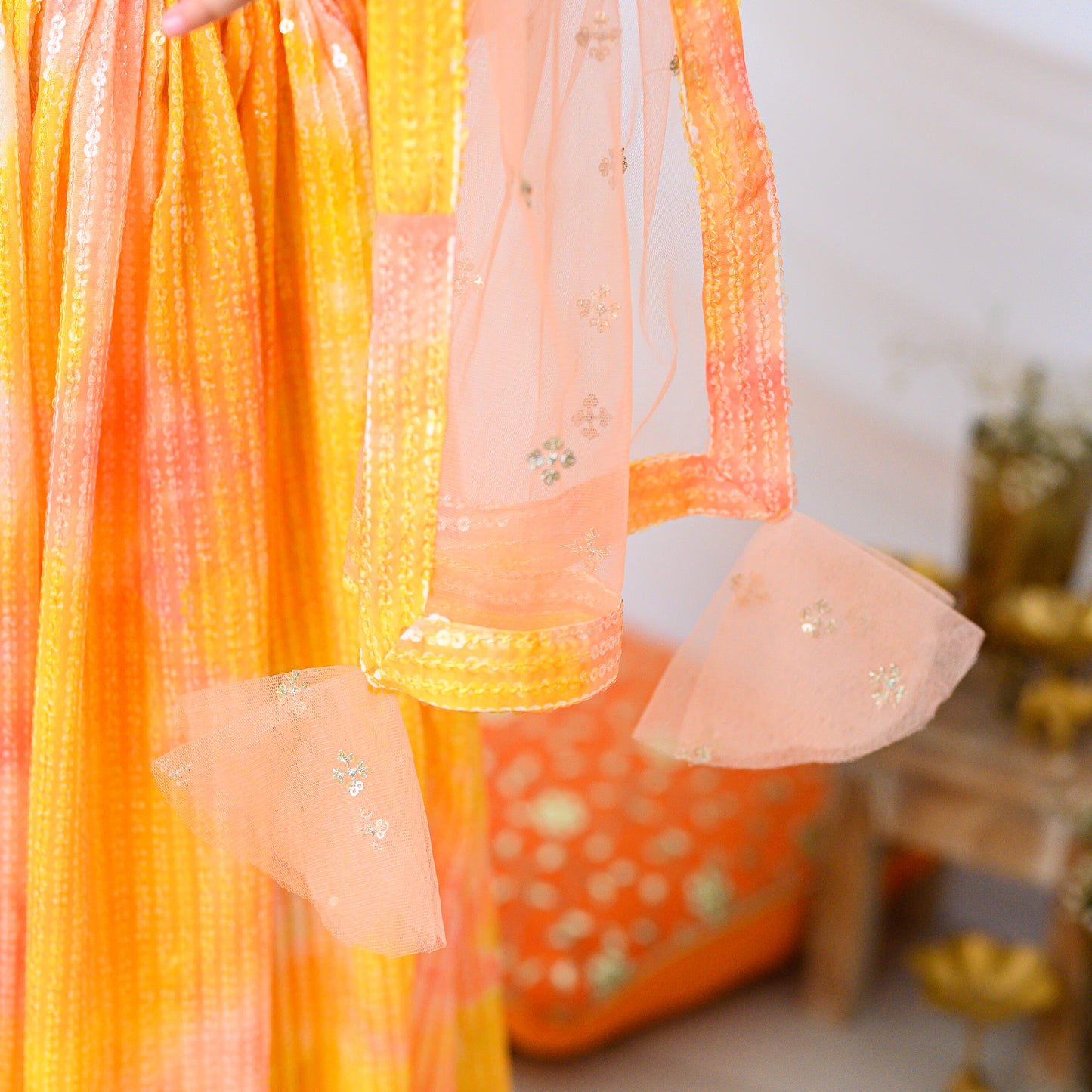 Tie and Dye Yellow Sequin Partywear Lehenga Set