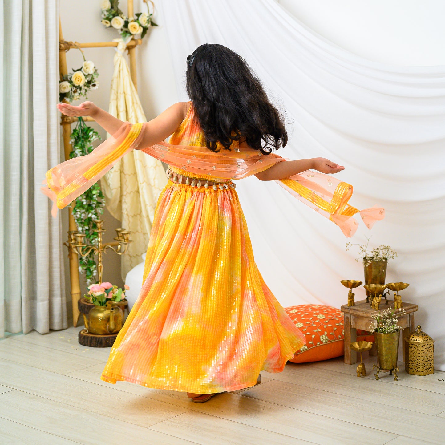 Tie and Dye Yellow Sequin Partywear Lehenga Set