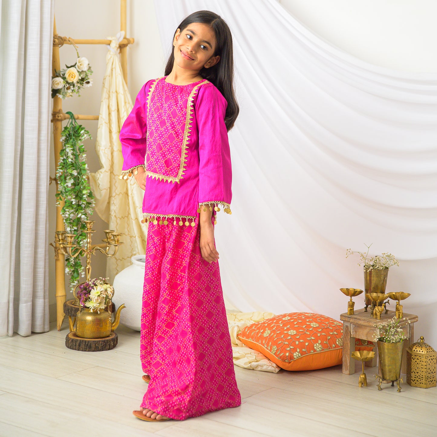 Pink Silk Bandhej Designer Style Palazzo Set