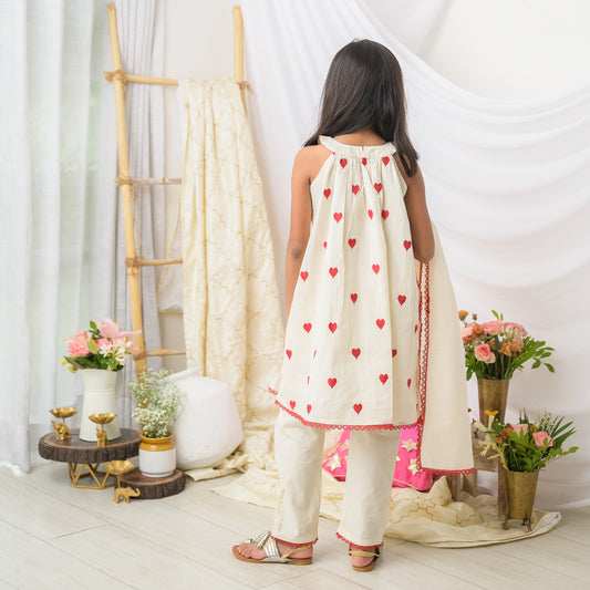 Cream And Red Kurta Set With Dupatta