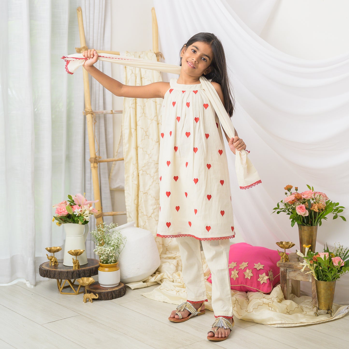 Cream And Red Kurta Set With Dupatta