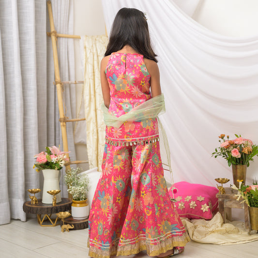 Pink Abstract Printed Sharara Set with Dupatta