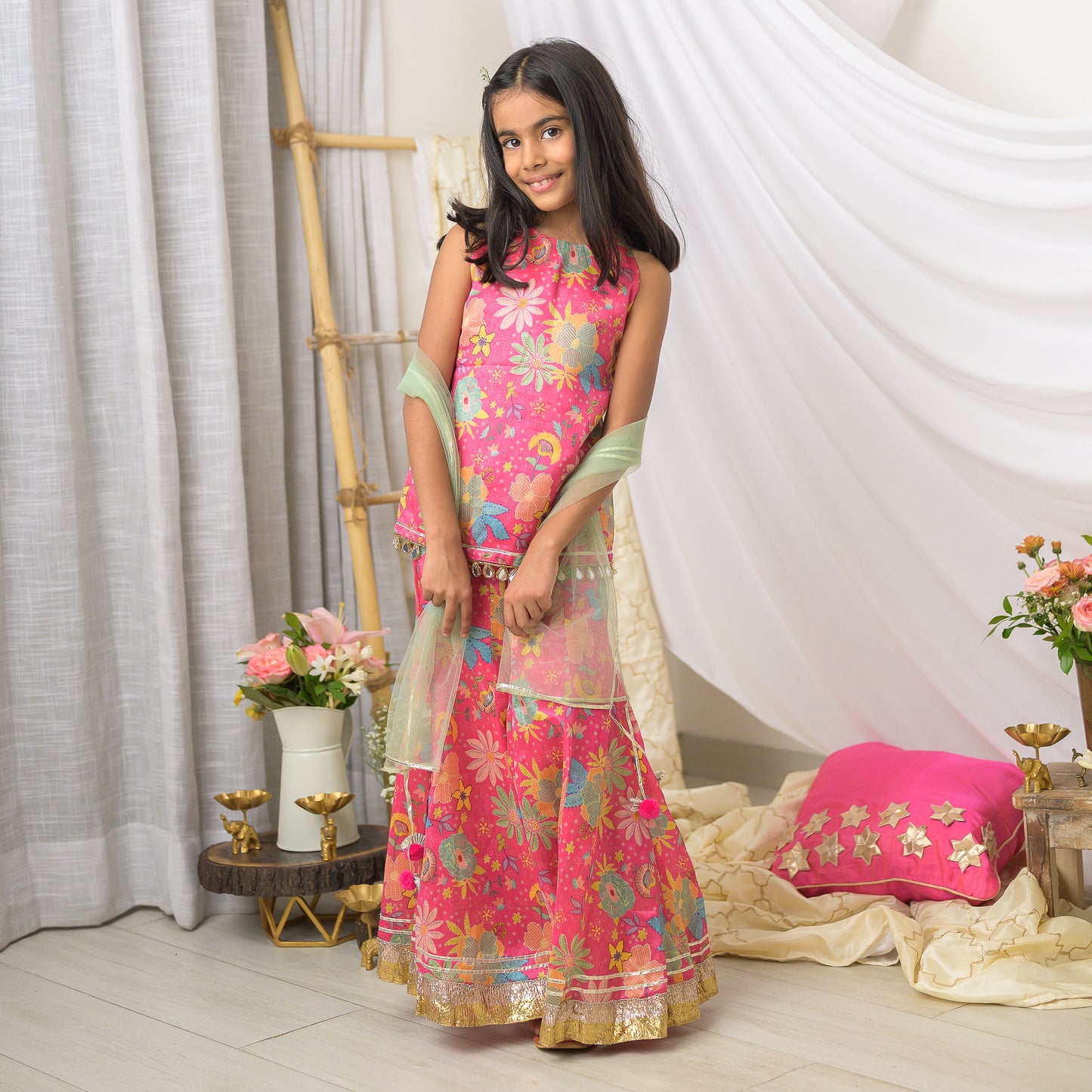 Pink Abstract Printed Sharara Set with Dupatta