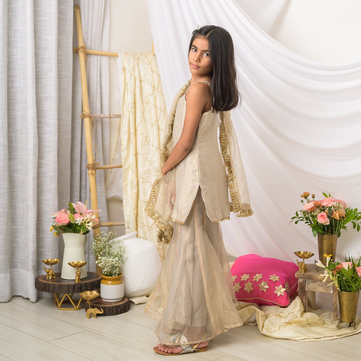 Girls Designer Sharara Set in Grey Tissue with Dupatta