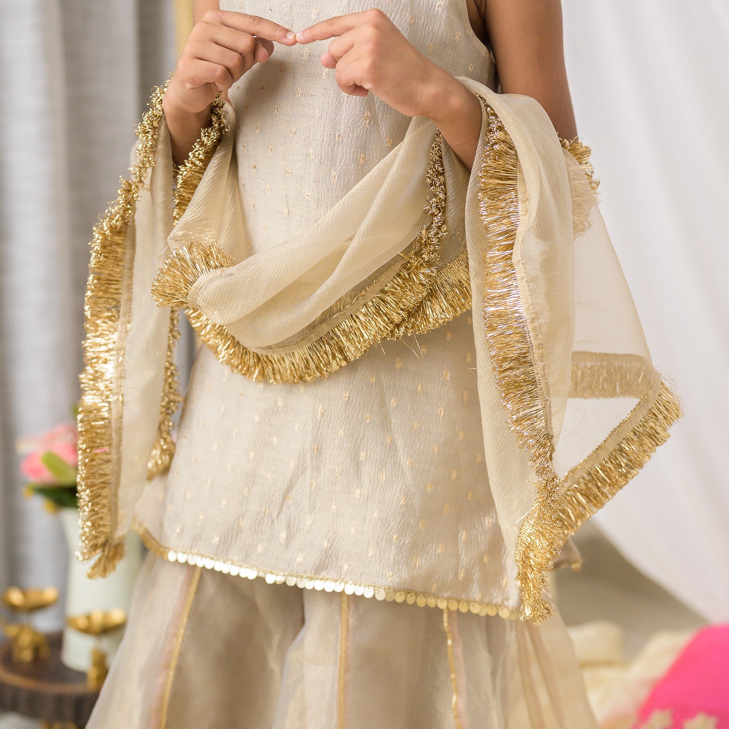 Girls Designer Sharara Set in Grey Tissue with Dupatta