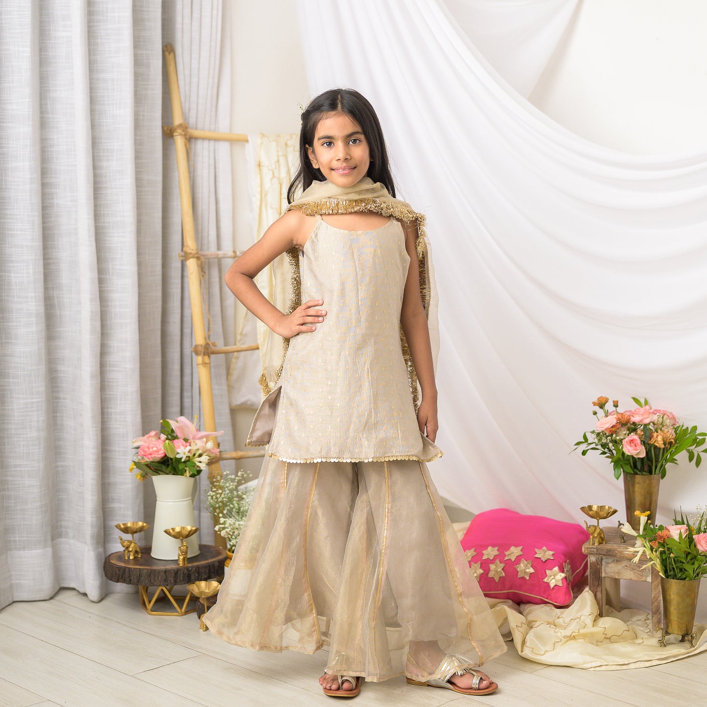 Girls Designer Sharara Set in Grey Tissue with Dupatta