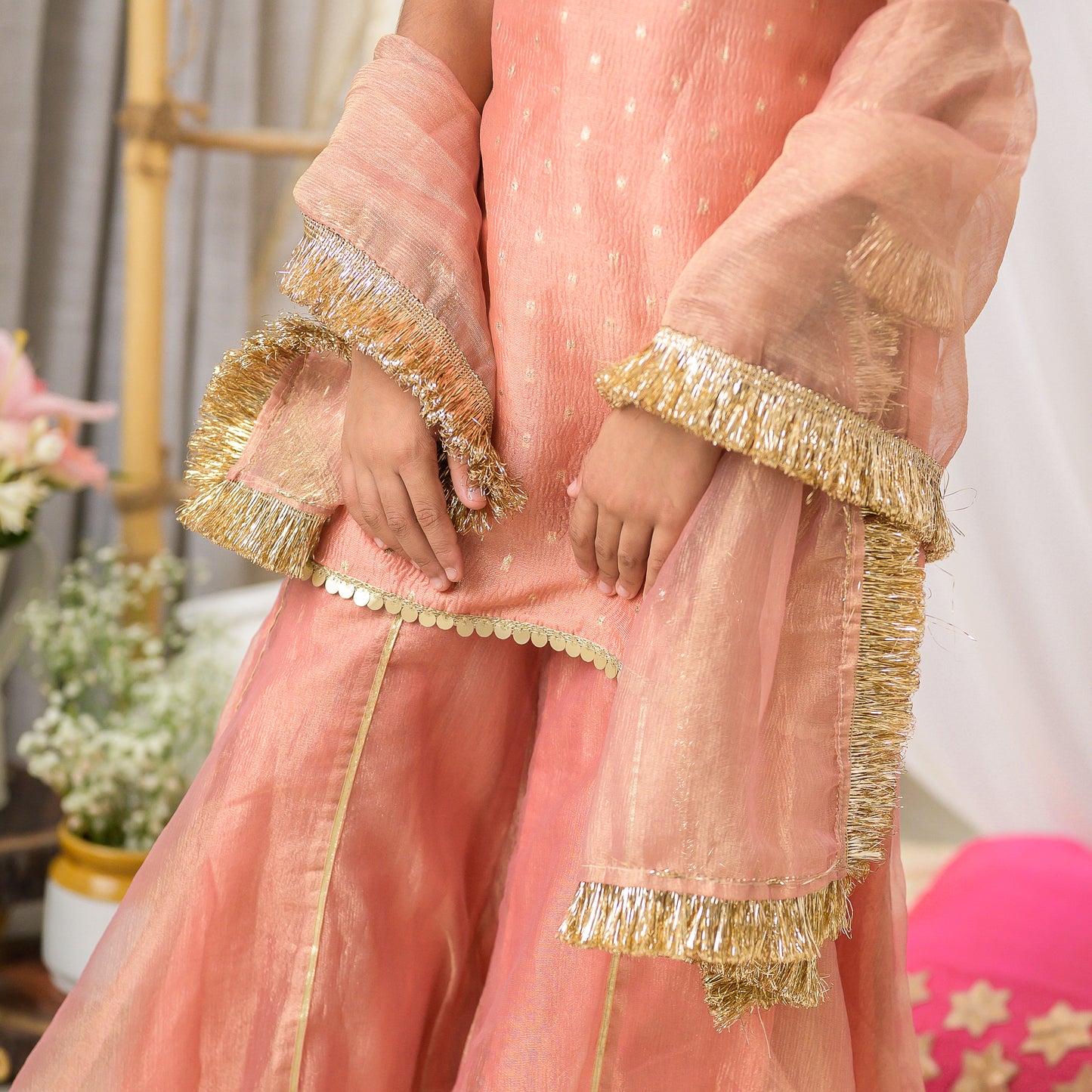 Girls Designer Sharara Set in PeachTissue with Dupatta