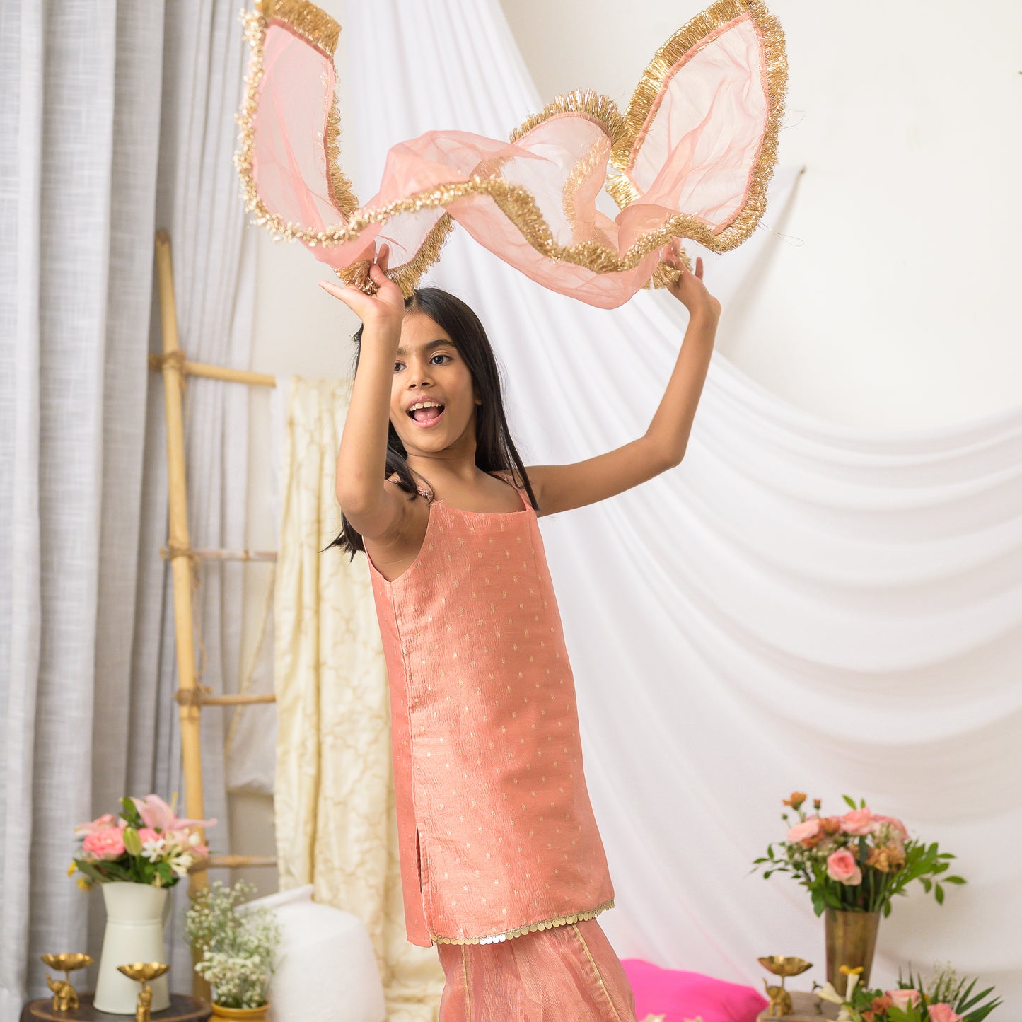 Girls Designer Sharara Set in PeachTissue with Dupatta