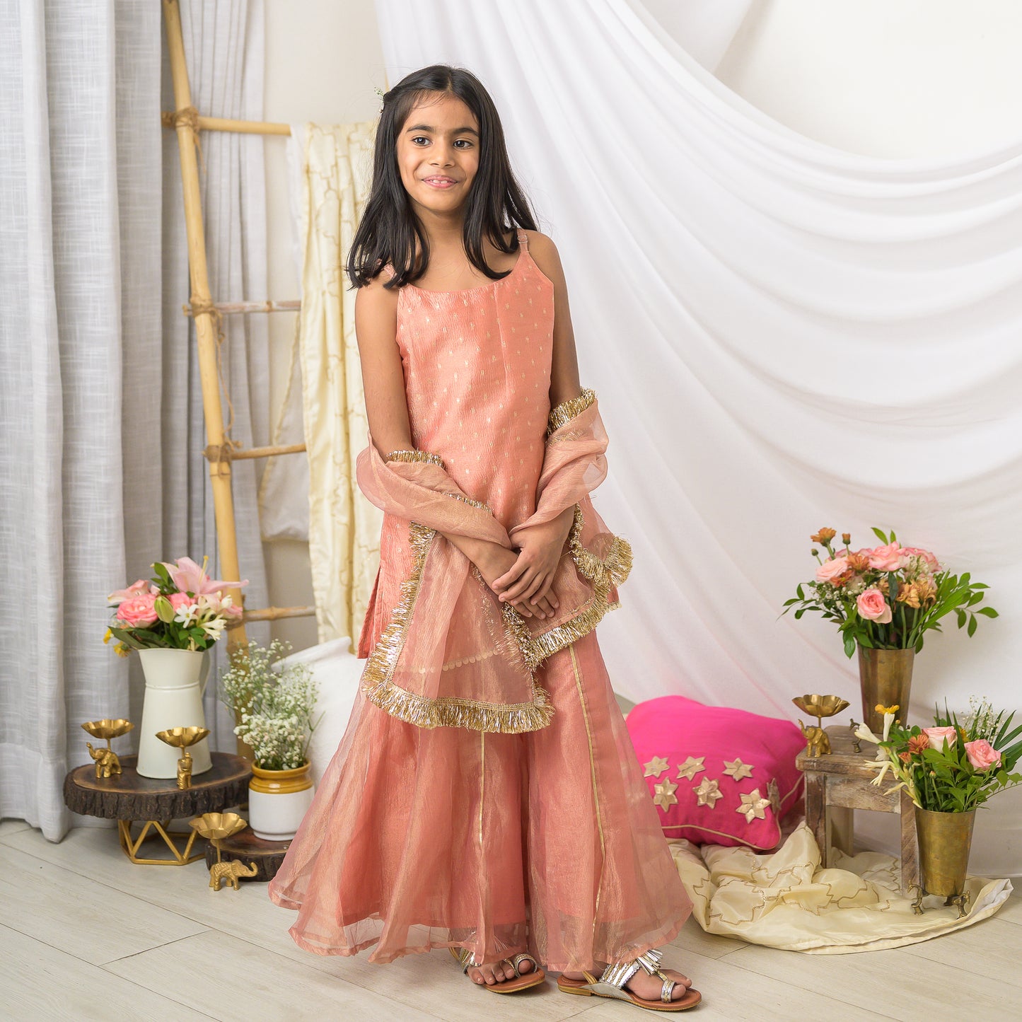 Girls Designer Sharara Set in PeachTissue with Dupatta