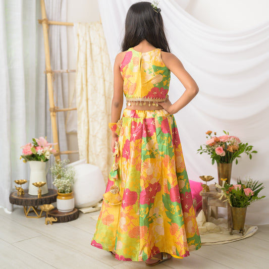 Yellow Festive Wear Girls Floral Crop Top Lehenga Set