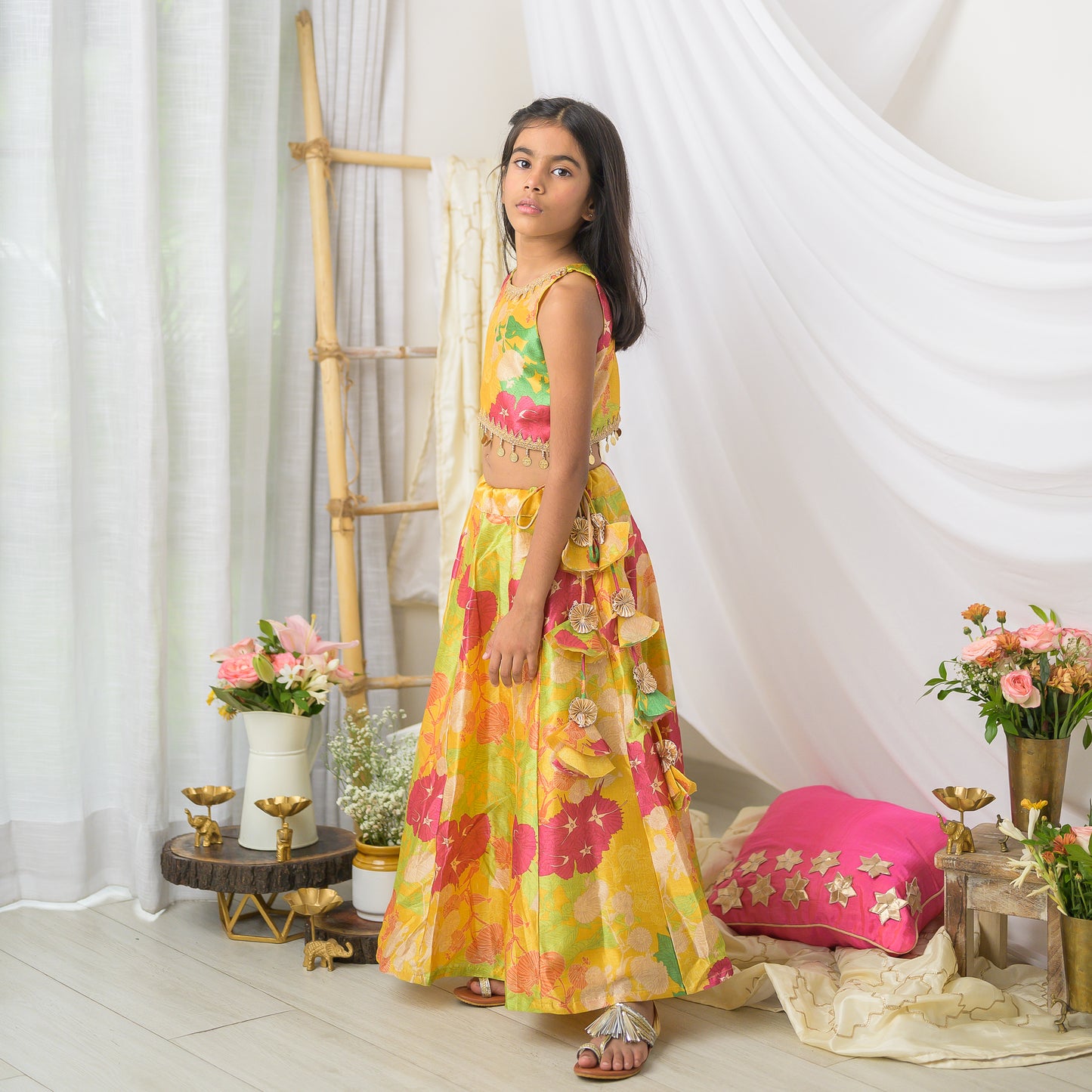 Yellow Festive Wear Girls Floral Crop Top Lehenga Set