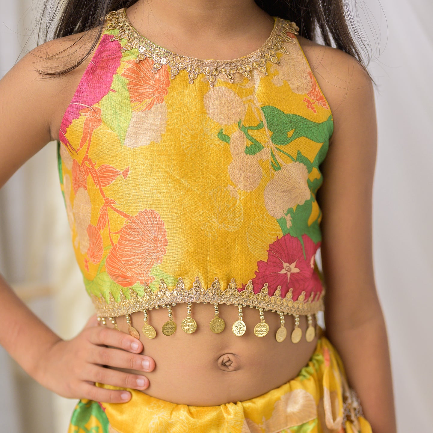 Yellow Festive Wear Girls Floral Crop Top Lehenga Set