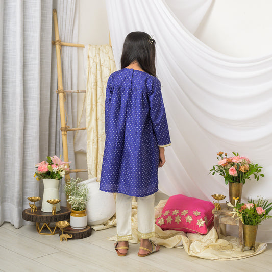 Blue Bandhej Kurta with Cream Pants