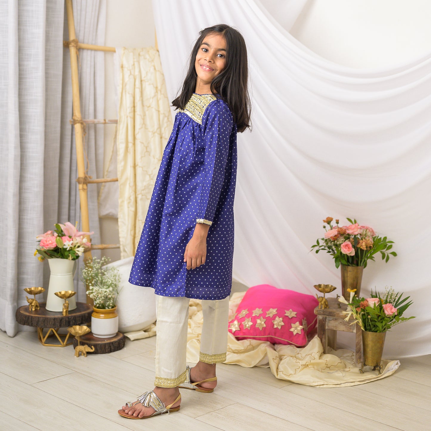 Blue Bandhej Kurta with Cream Pants