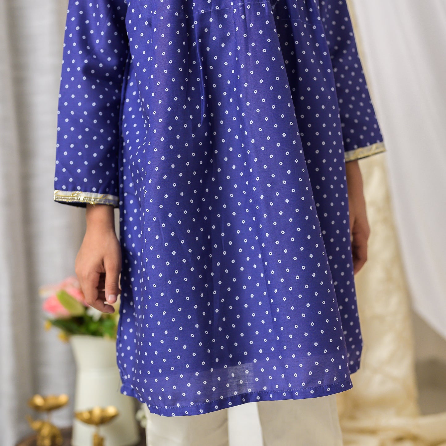 Blue Bandhej Kurta with Cream Pants