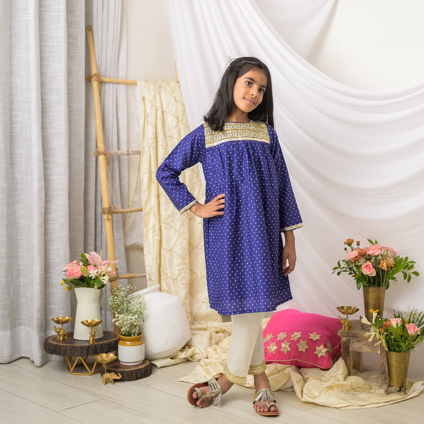 Blue Bandhej Kurta with Cream Pants