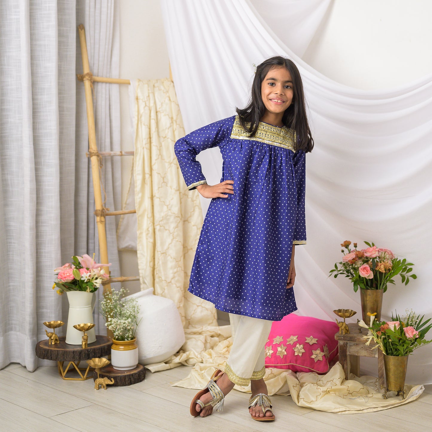 Blue Bandhej Kurta with Cream Pants