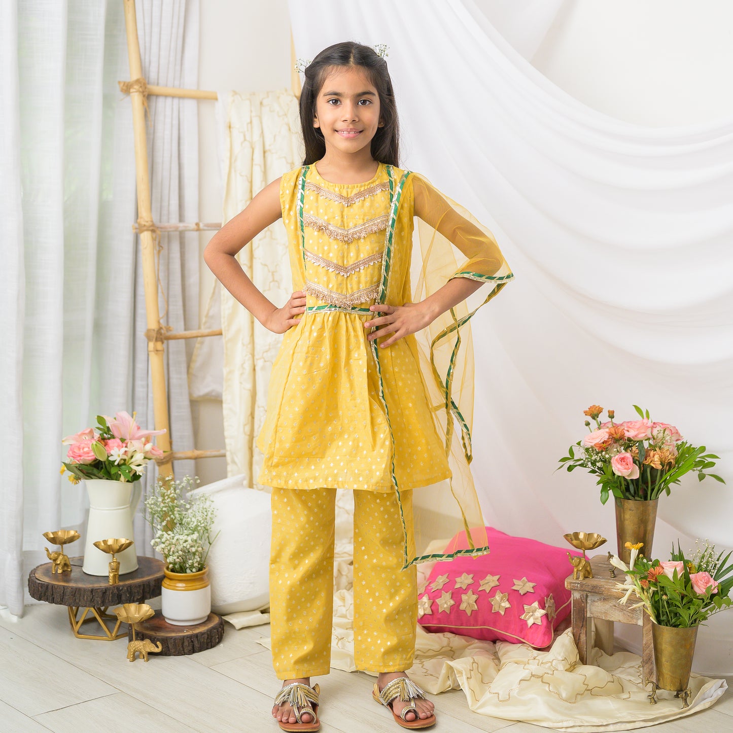 Girls Mustard Cotton Chanderi Kurta Set with Dupatta