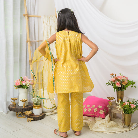 Girls Mustard Cotton Chanderi Kurta Set with Dupatta