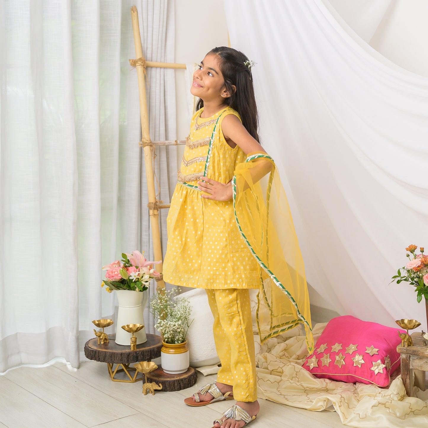 Girls Mustard Cotton Chanderi Kurta Set with Dupatta