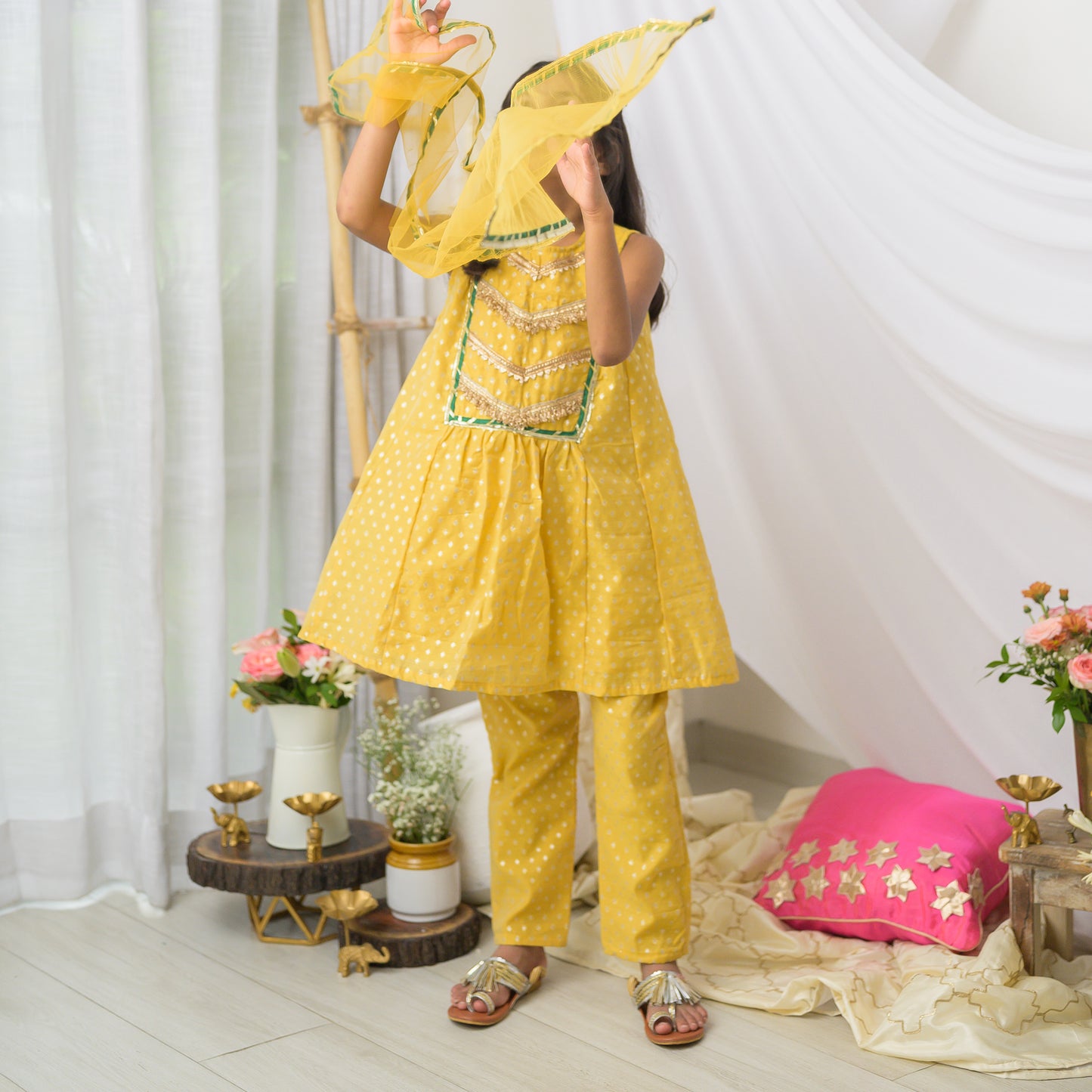 Girls Mustard Cotton Chanderi Kurta Set with Dupatta