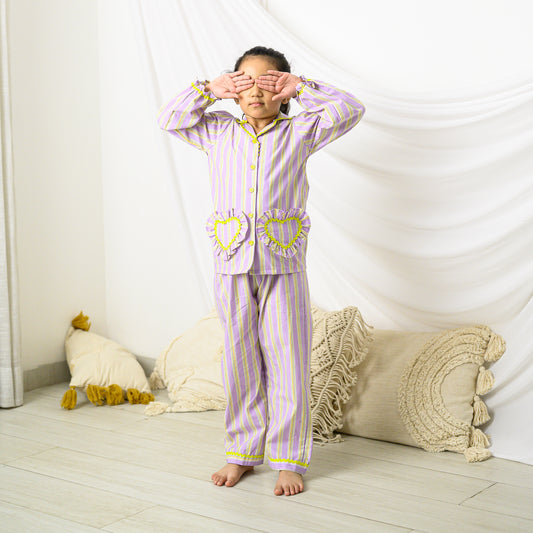 Purple Stripes Full Sleevs and Pants Night Dress