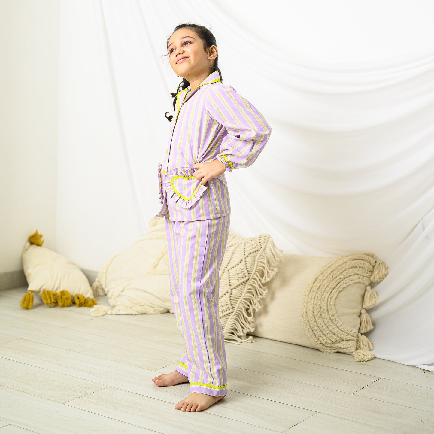 Purple Stripes Full Sleevs and Pants Night Dress