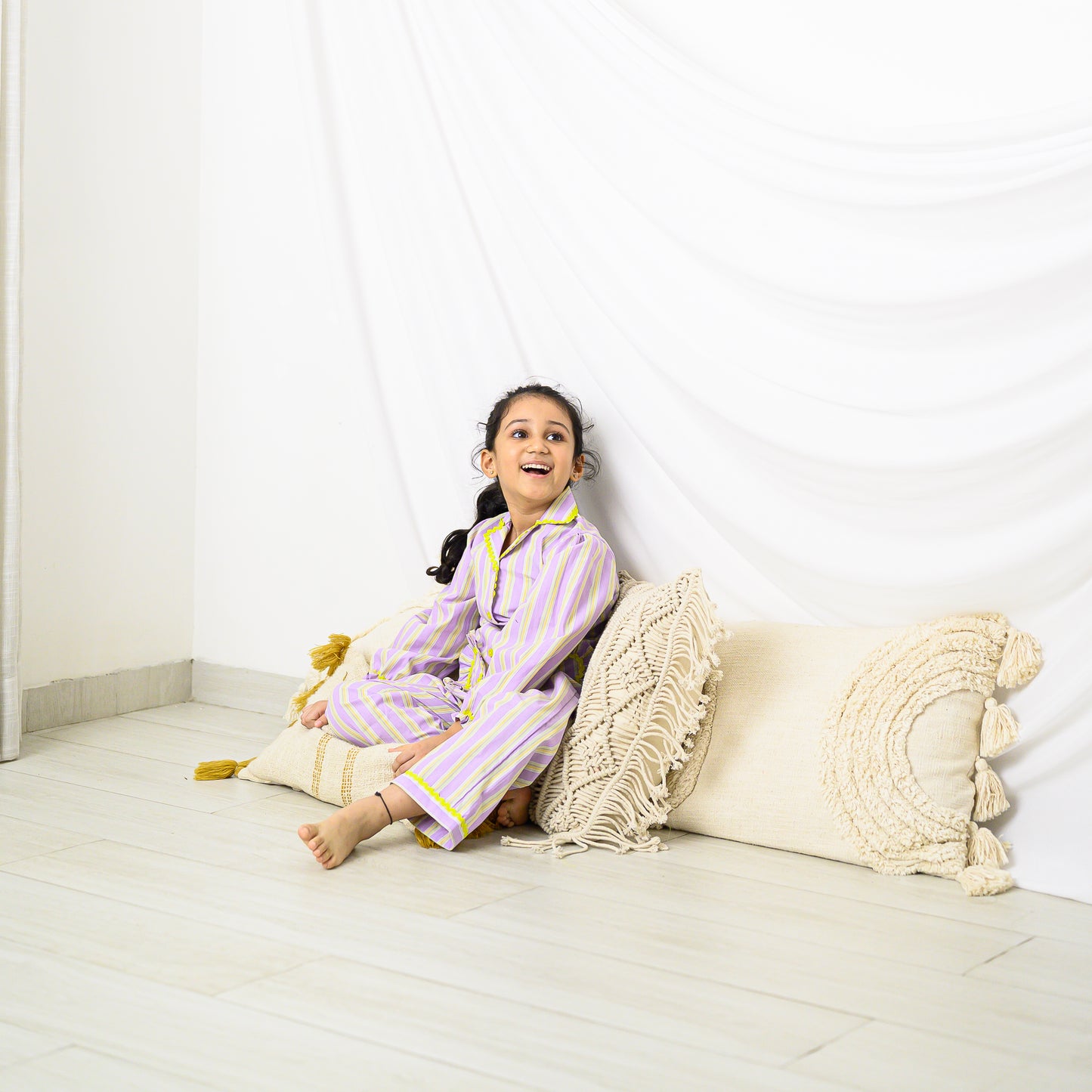 Purple Stripes Full Sleevs and Pants Night Dress