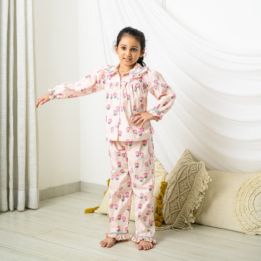 Pink Floral Cotton Night Dress with Pants