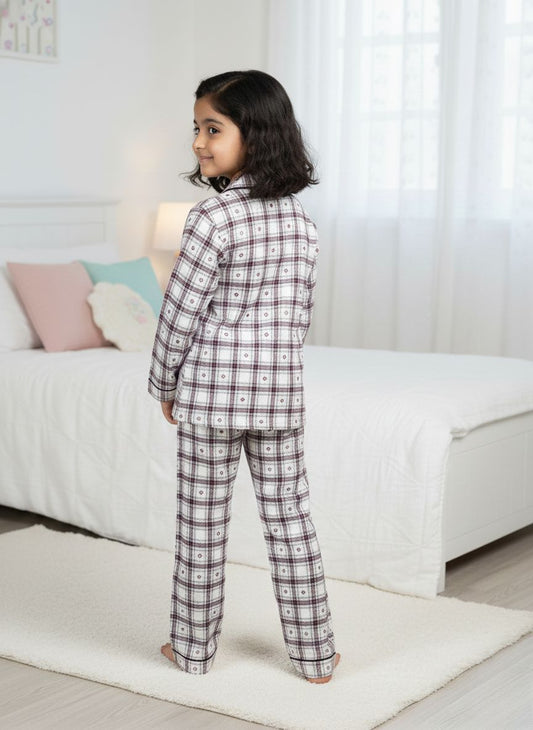 Fairies Forever Maroon Heart Print Checks Night Suit With Pant-White