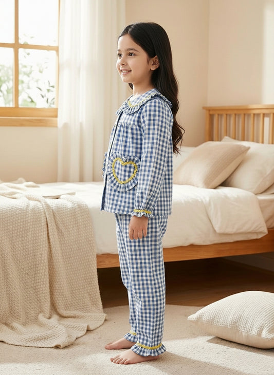 Fairies Forever Blue Checks Cotton Night Suit With Pants-Blue