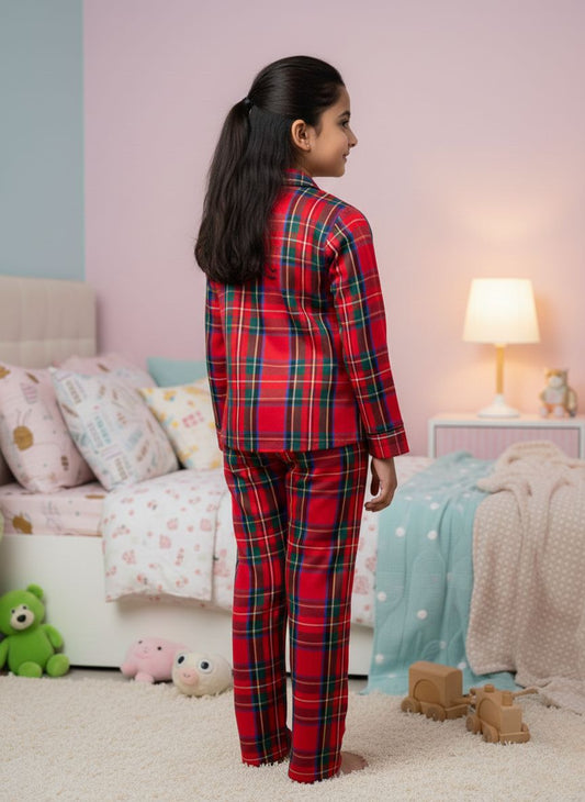 Fairies Forever Red Checks Cotton Night Suit With Pants-Red