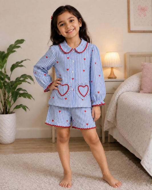 Blue Heart Print Mom Twinning Cotton Night Suit