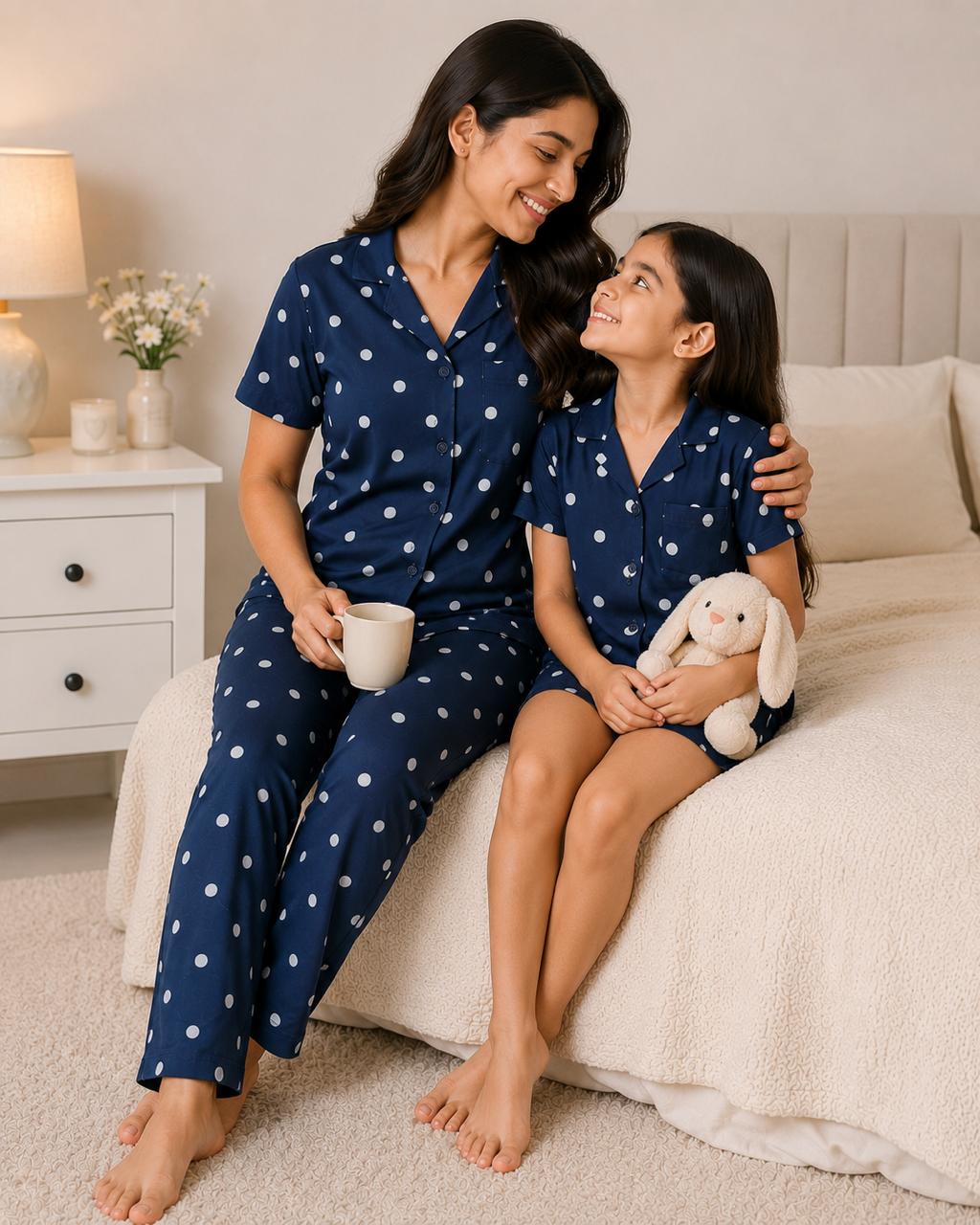 Blue Polka Dot Mom Twinning Cotton Night Suit