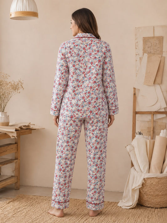 White Printed Cotton Night Suit