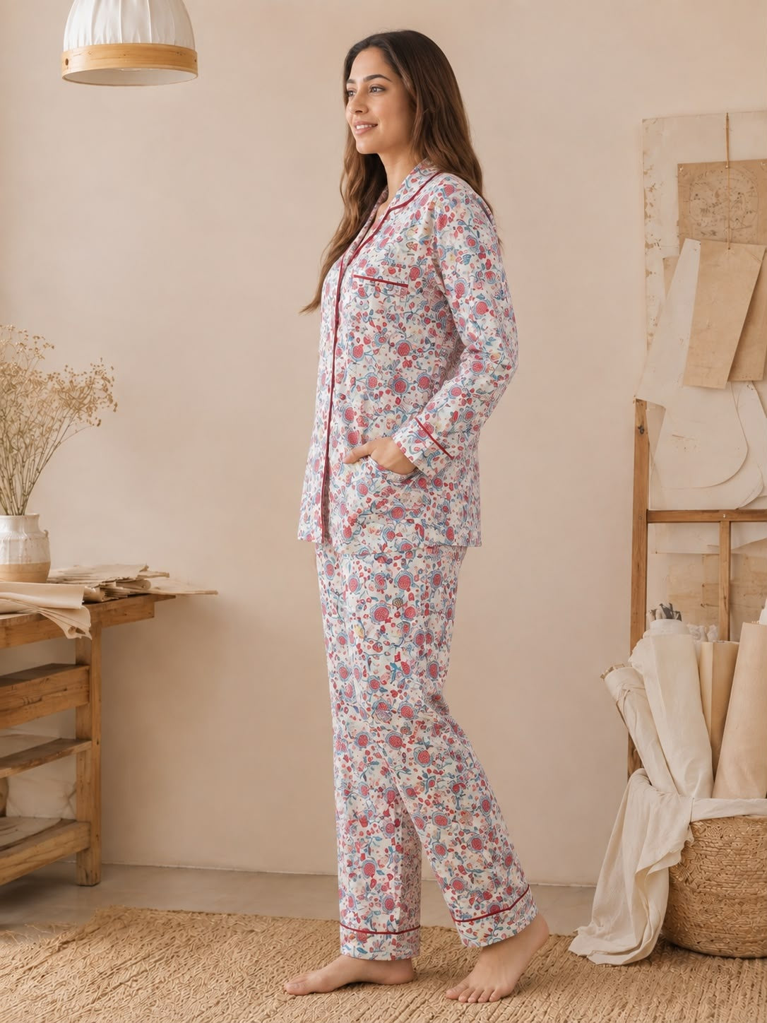 White Printed Cotton Night Suit