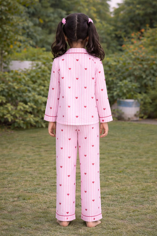 Pink Stripes with Heart Night Suit in Cotton With Pant